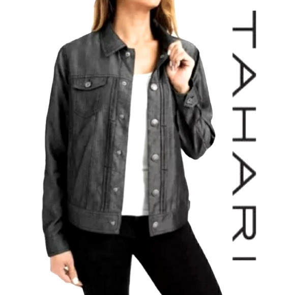 Tahari Jackets & Blazers - TAHARI Black Gray Steel  Snap Front~Pockets~Applets~Cuffs Size XL